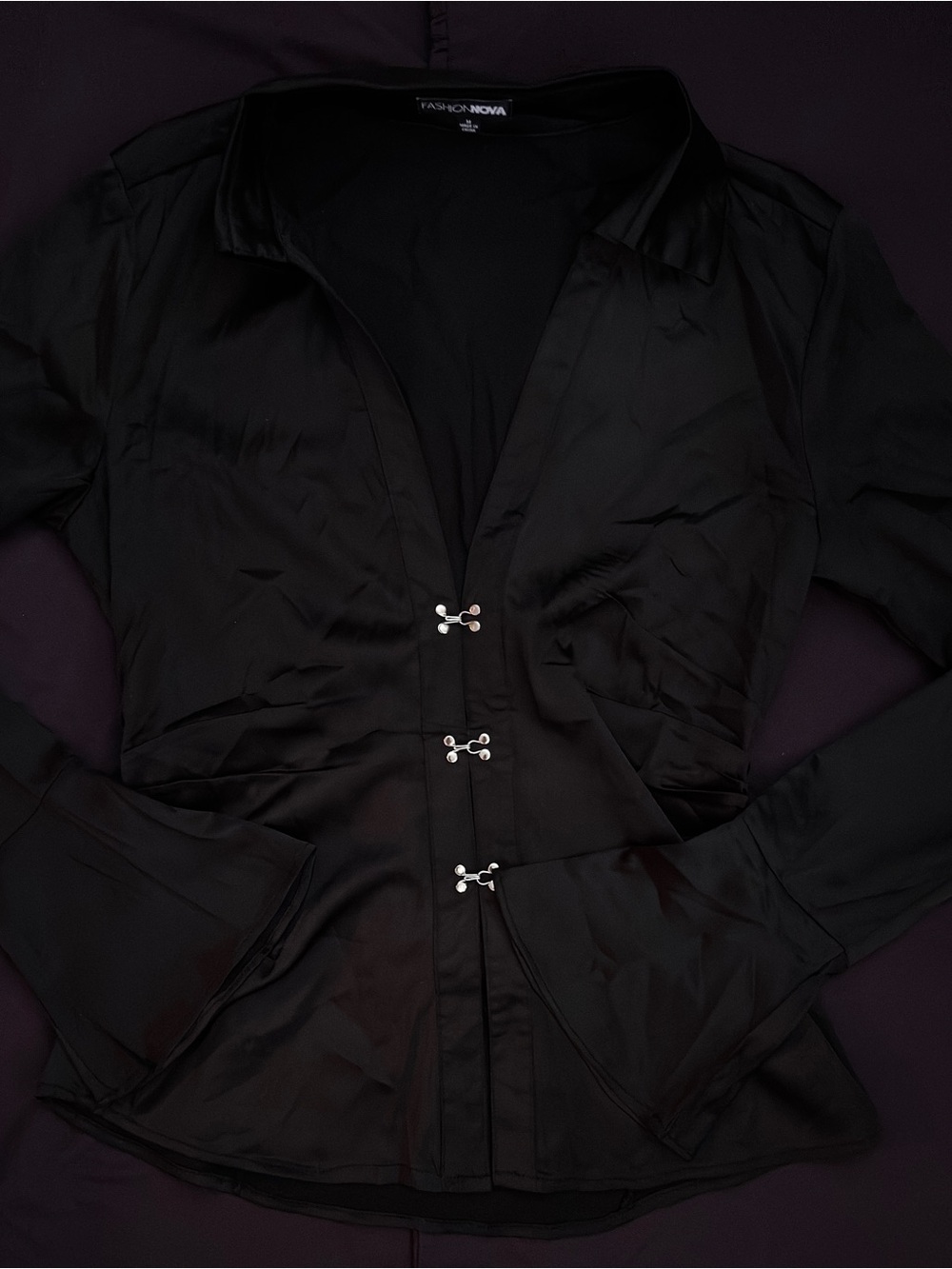 Fashion Nova Black Satin Hook-Front Blouse